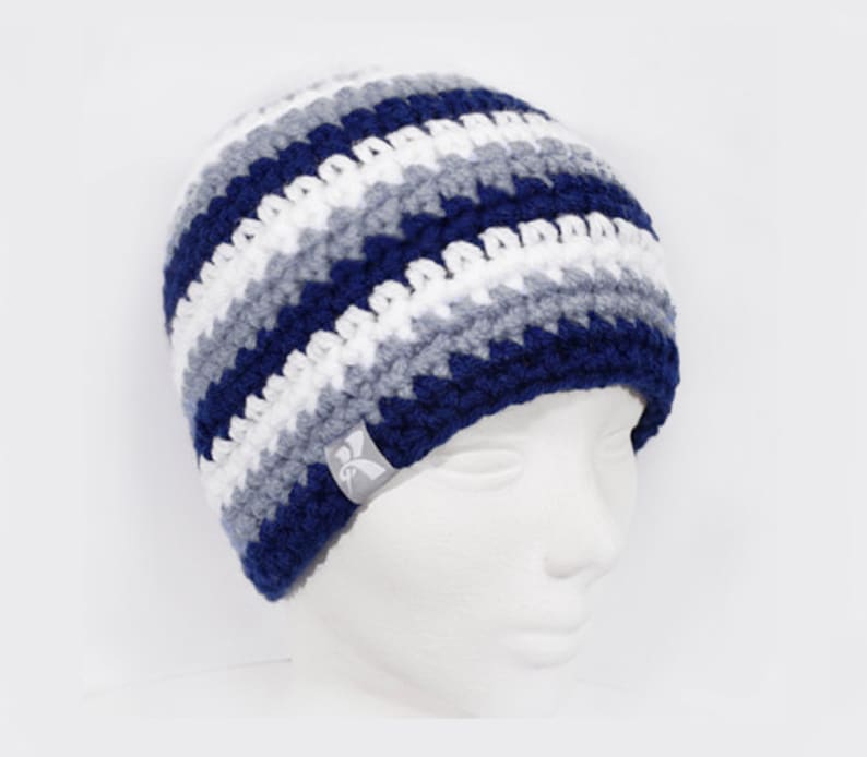 Navy Blue Classic Fit Beanie Grey /& White Stripey Crochet Fitted Winter Hat Snowboard Ski Surf Skate