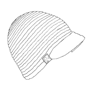 Puede incluir: Un gorro de punto de rayas blancas y negras con visera y un pequeño logotipo en el lateral.