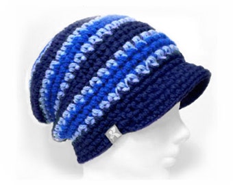Peaked Slouchy Floppy Beanie - Navy, Baby Blue & Blue Stripey Crochet Baggy Winter Hat Snowboard Ski Surf Skate