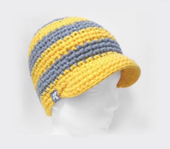 Peaked Beanie -yellow Grey Crochet Winter Peak Newsboy Hat