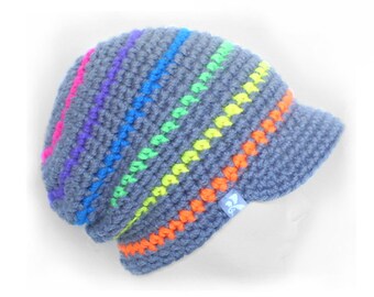 Peaked Slouchy Floppy Beanie - Grey Retro 80&#39;s Neon Colours Stripey Crochet Baggy Winter Hat Snowboard Ski Surf Skate