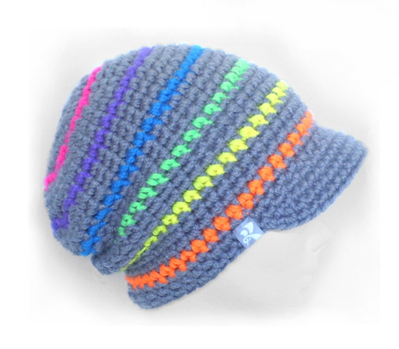 Grey Retro 80/'s Neon Colours Stripey Crochet Baggy Winter Hat Snowboard Ski Surf Skate Peaked Slouchy Floppy Beanie