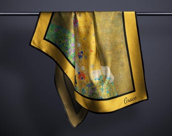 Personalized 100% Silk Scarf, Gustav Klimt&#39;s &quot;The Kiss&quot;, Art Design, Square Head Scarf, USA Made, Habotai and Charmeuse Silk, Gift for Her