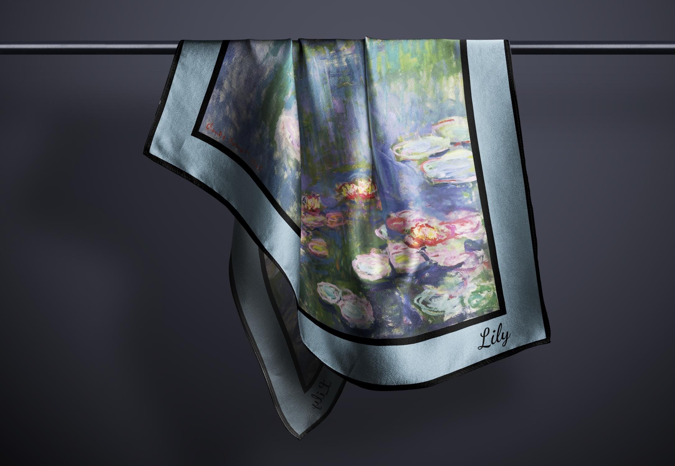 Personalized 100% Silk Scarf, Claude Monet's "Water Lillies", Art Design, Square Head Scarf, USA Made, Gift for Her