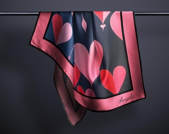 Personalized 100% Silk Scarf, Hearts Print, Red and Pink Design, Square Head Scarf, USA Made, Habotai and Charmeuse Silk, Gift for Her