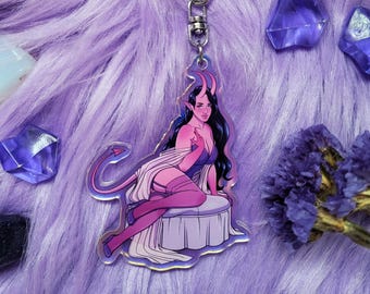 Pink Demoness Succubus Pinup Holographic Acrylic Charm Keychain