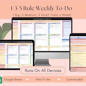 May include: A digital weekly to-do list displayed on a tablet, computer monitor, and smartphone. The text reads "1-3-5 Rule Weekly To-Do" and "Runs On All Devices." The to-do list is color-coded with sections for big, medium, and small tasks. The Google Sheets logo is visible.