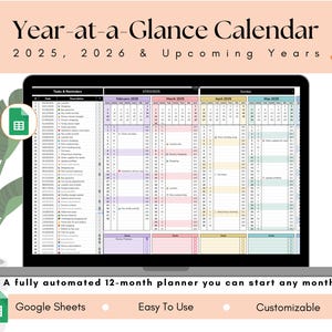 May include: A laptop displays a year-at-a-glance calendar for 2025, 2026, and upcoming years. The calendar is a fully automated 12-month planner, with sections for tasks and reminders. The text on the screen includes "Google Sheets", "Easy To Use", and "Customizable".