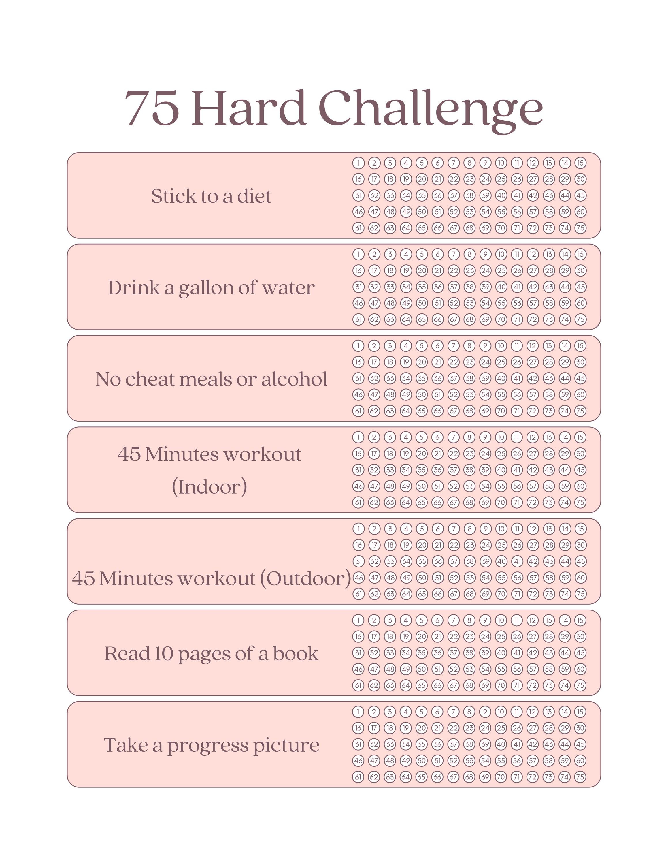 75 Hard Challenge Printable Planner 32page Fitness and Mental Tracker