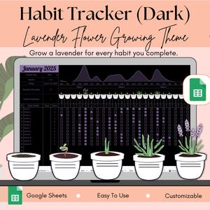 May include: A digital habit tracker with a lavender flower growing theme, displayed on a laptop screen. The tracker shows a calendar for January 2025, with a series of checkboxes and small white pots with growing lavender plants. The text reads "Habit Tracker (Dark)".
