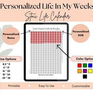 Red Memento Mori Poster - Life in Weeks Calendar, Unique Gift for Mom, Dad & Her, My Life in Weeks Printable Wall Art, square, star, heart