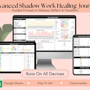 Könnte beinhalten: Digitales Schattenarbeit-Journal, dargestellt auf einem Computer, Tablet und Smartphone. Das Journal zeigt Diagramme und Grafiken zur Verfolgung von Stimmung und Energie. Text enthält "Advanced Shadow Work Healing Journal" und "Runs On All Devices."