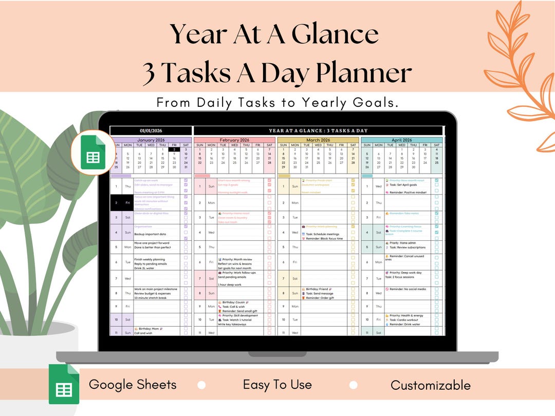 3 Tasks A Day Planner – Year at A Glance Productivity Planner, Simple ...