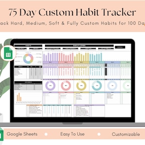 May include: A laptop displays a 75-day custom habit tracker. The screen shows a spreadsheet with sections for habits, daily logs, and progress charts. Text at the top reads "75 Day Custom Habit Tracker". The tracker is designed for 100 days and is easy to use.