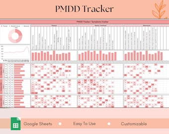 Puede incluir: Una hoja de cálculo rosa y blanca de PMDD Tracker con gráficos. La hoja de cálculo incluye secciones para síntomas físicos, mentales/emocionales y de comportamiento. La parte inferior de la imagen incluye el texto "Google Sheets", "Easy To Use" y "Customizable".