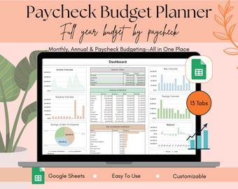 Paycheck Budget Planner Google Sheets 12-Month Income Expense Tracker Monthly Finance Spreadsheet Personal Budget Money Management Tool