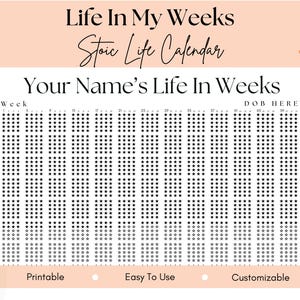 Memento Mori Calendar Life Expectancy Chart Printable Life in Weeks Wall Art Visual Life Planner Weeks of Life Poster Lifetime Tracker gift