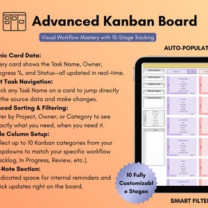 May include: An image of an Advanced Kanban Board with a digital display. The board features a visual workflow with 10-stage tracking, auto-populating cards, and a smart filter system. Text highlights dynamic card data, instant task navigation, advanced sorting, and flexible column setup.