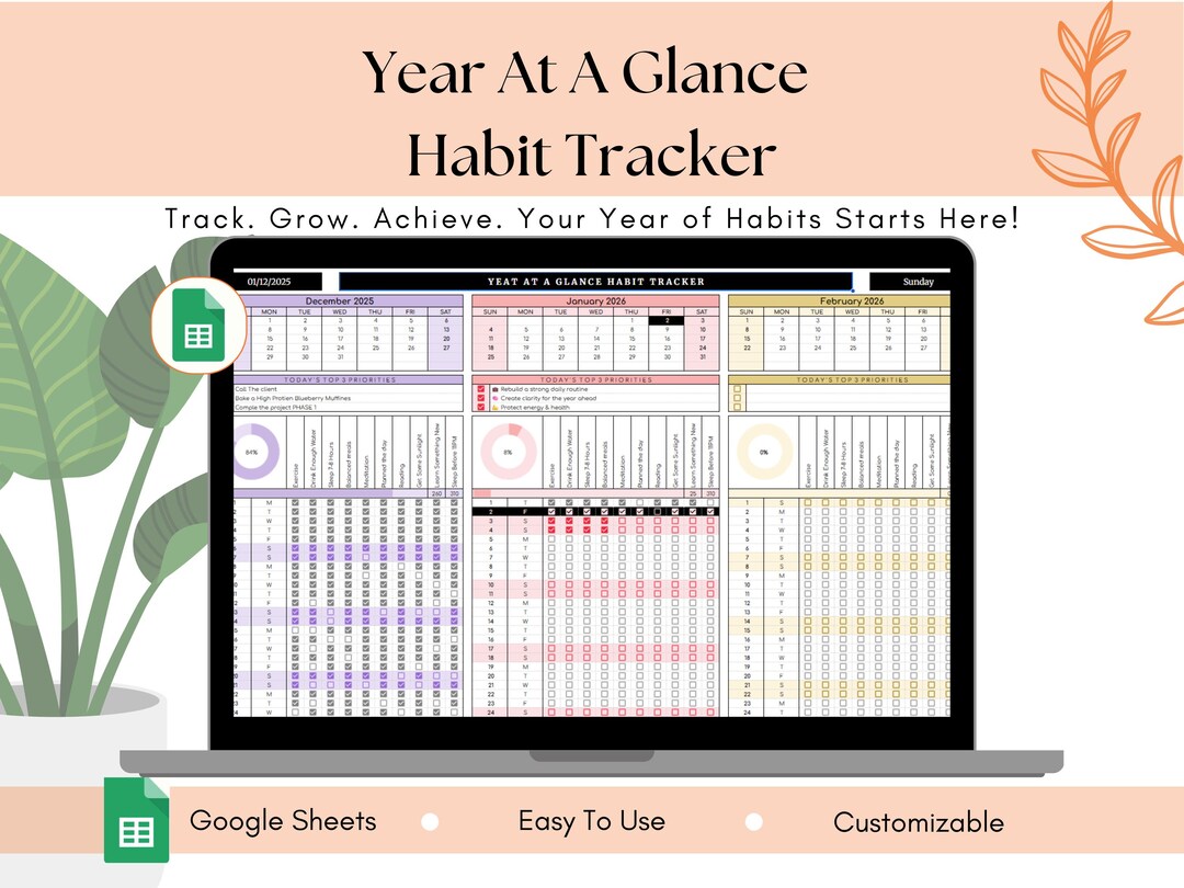 Year at A Glance Habit Tracker | Yearly Habit Tracker Printable and ...
