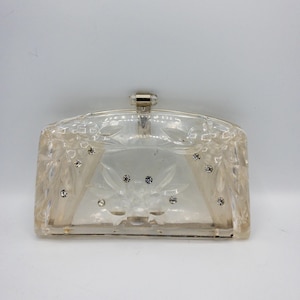 Vintage 1950s Clear Carved Lucite Clutch Purse With Rhinestones & Etched Fruit