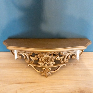 Vintage 1960s Gold Syroco Wall Shelf | Large Gold Gilt Ornate Roses Gallery Wall | Mid Century Hollywood Regency | Made in USA