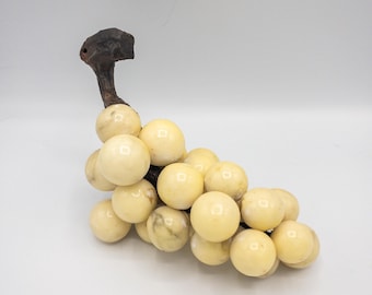 Large Vintage 1960s Mid Century Modern Cream Italian Alabaster Grape Cluster | On Wood Base | Marble Stone Fruit | Made in Italy