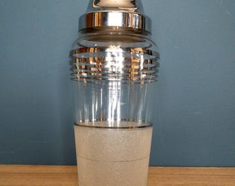 Vintage 1930s Art Deco MacBeth Evans Large Frosted Glass Cocktail Shaker with Silver Bands
