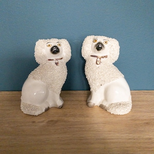 Antique Pair of Staffordshire Poodles or Spaniel Dog Figurines | Made in England | Confetti Applied Texture | Victorian Hearth Spaniels