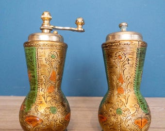 Vintage Mid-Century Italian Florentine Salt and Pepper Shaker Set | Gold Green Orange