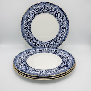 Set of 4 | Vintage Ralph Lauren Wedgewood  Empire Dinner Plates | Bone China Made in England | Blue and White w/ Gold Trim