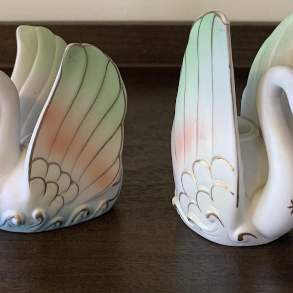 Vintage swan candle holders Porcelain petite pair Gift MCM Cottagecore