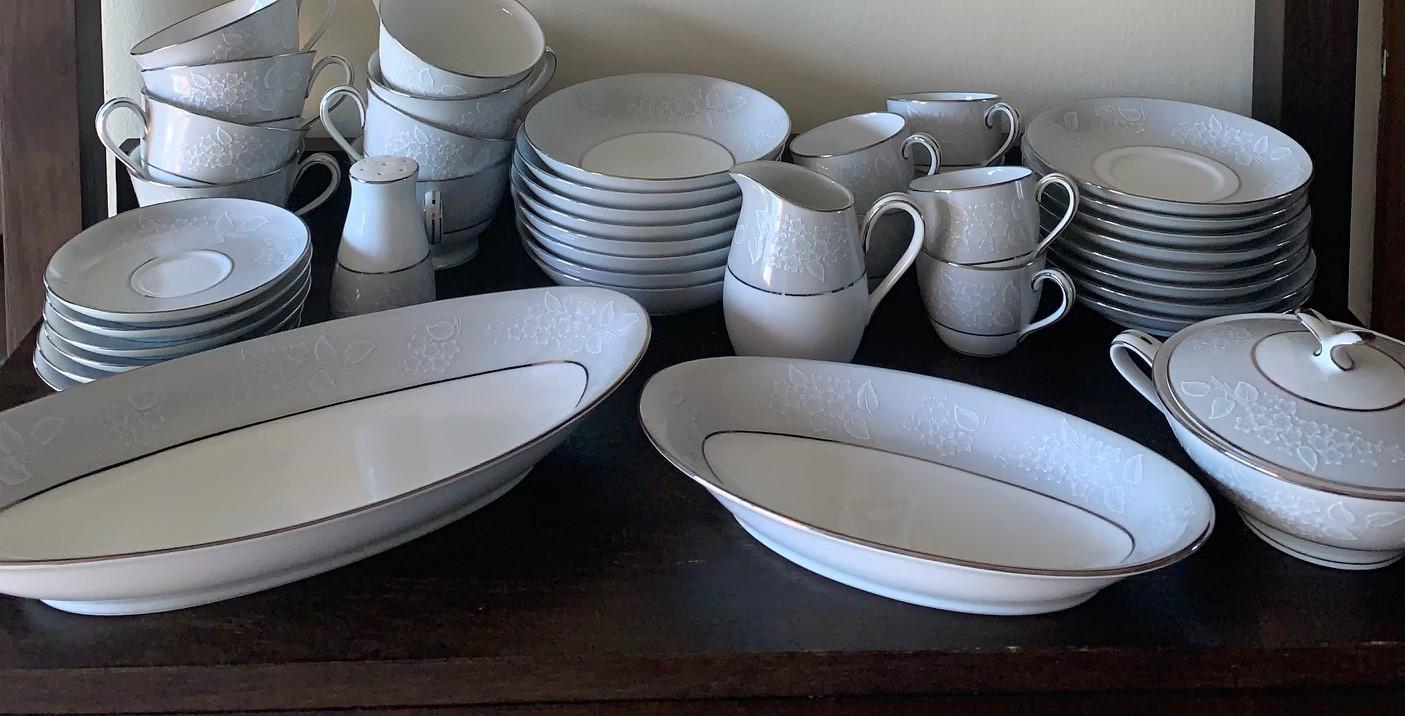Noritake Damask China Set: Silver Floral Porcelain, Vintage