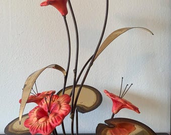 Metal Lotus Flower Brutalist Sculpture on Onyx Base, Signed