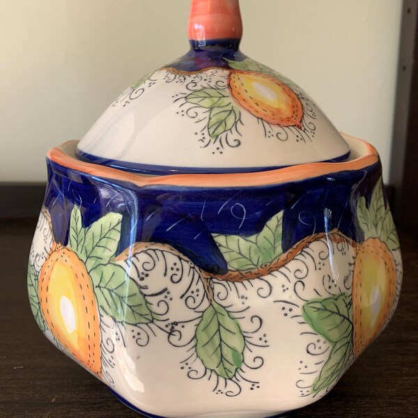Lidded Container Floral Lemons Yellow Blue Vintage Kitchen Storage Italian Chic Farmhouse Cottage Décor Cookie Snacks Jar Persian Retro MCM