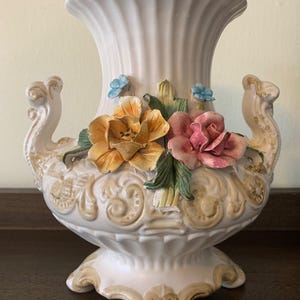 Italian Pottery Capodimonte Italy Double Handled Vase Handmade Italian Urn Pink Rose Flowers Marked Porcelain Mid Century Vintage Rare MCM