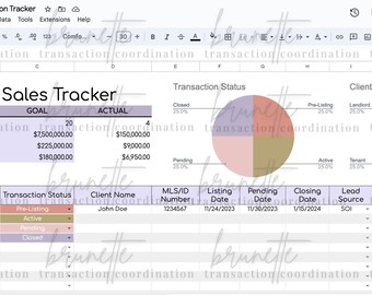 May include: A spreadsheet titled "2024 Sales Tracker" with data visualizations. The document includes pie charts and tables detailing sales goals, actual figures, transaction status, and client types. The spreadsheet is on a white background.