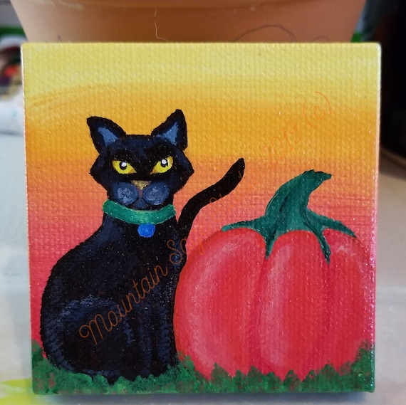Original Art Halloween Witch and Black Cat Bookmark Wall Hanging Ornament ~ Painting ~ Illustration