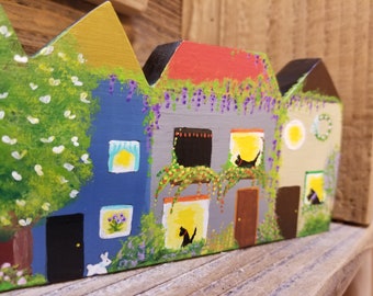 Americana, Wooden Houses, Row House, Spring, Gardens, Flowers, Scottie Dog, Cats, Original Painting, Easter