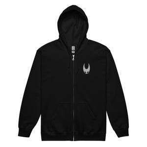May include: Black zip-up hoodie with a hood and front pockets. A small, silver-colored emblem is on the left chest. The hoodie has a full zipper and is made of a soft material.