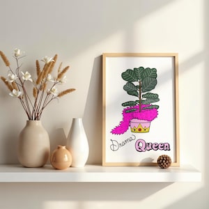 Fiddle Leaf Fig Wall Art | Hand-Drawn Digital Print | Funny Plant Lover Gift | Cute Maximalist Décor Poster | Drama Queen Art