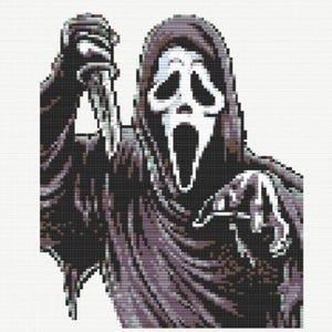 May include: A white ghost mask with a wide open mouth and a black robe. The ghost is holding a knife in its right hand.