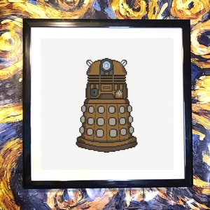 May include: A pixelated image of a Dalek, a fictional robot from the British science fiction television series Doctor Who, in brown and white.