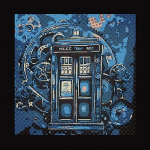Pode incluir: Uma TARDIS azul e branca, uma caixa de polícia que viaja no tempo, cercada por engrenagens e outros elementos steampunk em um fundo azul e roxo.