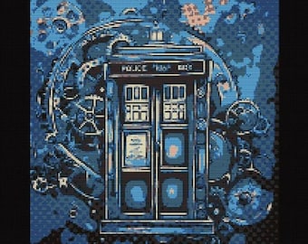 May include: A blue and white TARDIS, a time-traveling police box, surrounded by gears and other steampunk elements against a blue and purple background.