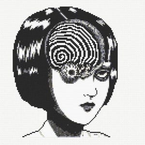 May include: Black and white illustration of a woman with short black hair. A spiral pattern is visible over her eye.