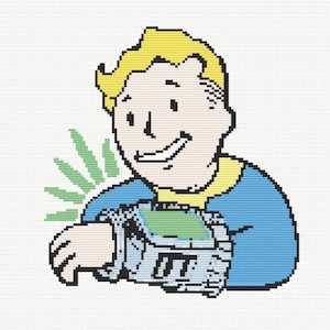 Könnte beinhalten: Eine Comic-Illustration eines Mannes mit blonden Haaren, der ein blaues Hemd und einen Pip-Boy am Handgelenk trägt. Der Mann lächelt und hat eine grüne Pflanze hinter sich.