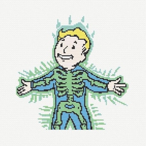 May include: A pixelated illustration of a cartoon character with a green skeleton visible through their blue clothing. The character is smiling and has blonde hair. The background is a green and blue swirl.