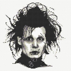 May include: Black and white pixel art portrait of a person with a dramatic hairstyle. The person has a serious expression and is looking directly at the viewer.