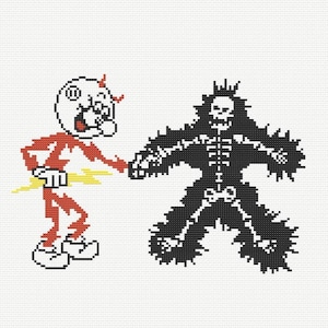 Puede incluir: Un personaje de dibujos animados rojo y amarillo con un rayo y un esqueleto negro y blanco con una calavera. Los dos personajes se dan la mano.