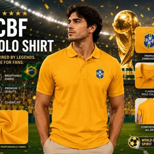 Puede incluir: Un polo amarillo con el escudo de la CBF bordado en el pecho izquierdo. La prenda tiene un cuello clásico, mangas cortas y una tapeta con botones. El texto en la imagen incluye CBF POLO SHIRT, INSPIRED BY LEGENDS, MADE FOR FANS, PREMIUM EMBROIDERY, CLASSIC POLO COLLAR, COMFORTABLE ALL DAY, WORLD CUP SPIRIT y PREMIUM PERFORMANCE FABRIC.